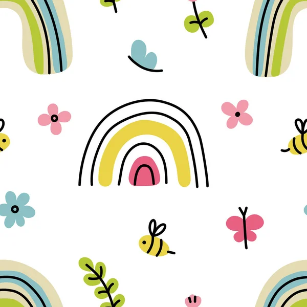 Απρόσκοπτη Μοτίβο Ουράνια Τόξα Λουλούδια Μέλισσες Και Πεταλούδες Εικονογράφηση Διανύσματος — Διανυσματικό Αρχείο