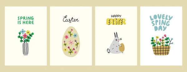 Набор Поздравительных Открыток Пасху Весна Плакаты Цветами Яйцами Кроликами Векторная — стоковый вектор