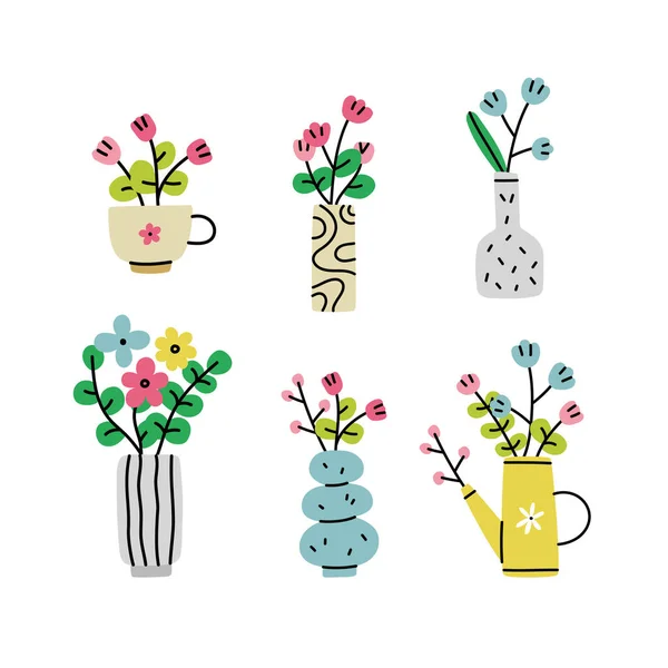 Handgezeichnete Blumen Vase Tasse Oder Gießkanne Florale Komposition Vektorillustration — Stockvektor