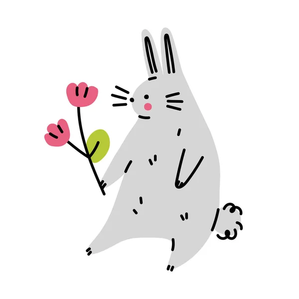 Милый Кролик Цветами Ручная Плоская Векторная Иллюстрация — стоковый вектор