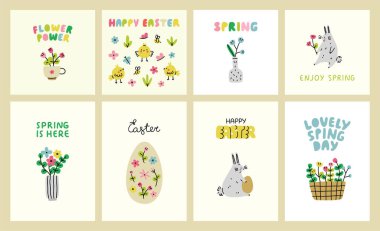 Paskalya ve bahar tebrik kartı seti. Çiçekli, yumurtalı ve tavşanlı posterler. Vektör illüstrasyonu