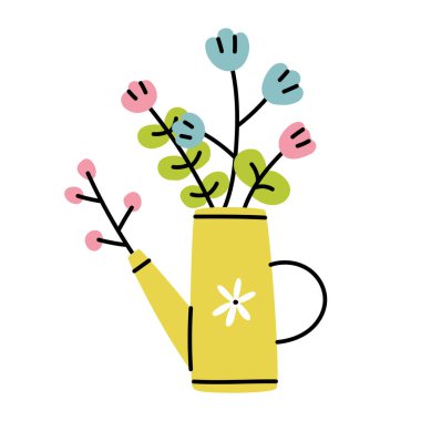 Sulama kabında el çizimi çiçekler. Çiçek kompozisyonu. Vektör illüstrasyonu