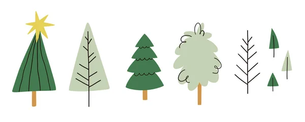 Elle Çizilmiş Yeşil Ağaç Koleksiyonu Farklı Ağaçların Vektör Illüstrasyonu — Stok Vektör