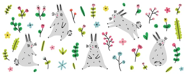 Set Conejitos Pascua Gris Divertido Conejo Dibujos Animados Diferentes Poses — Archivo Imágenes Vectoriales