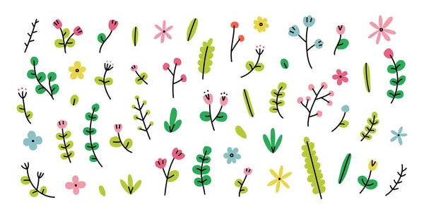 Simples Doodle Flores Folhas Ramos Plantas Conjunto Floral Primavera Minimalista — Vetor de Stock