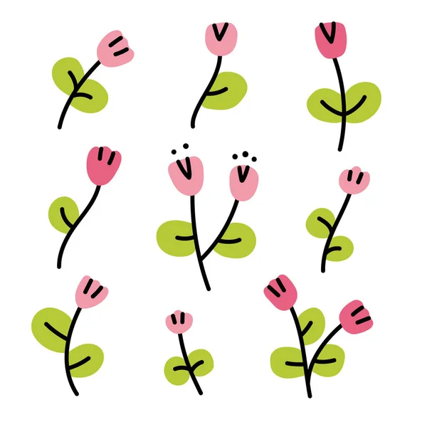 Simple Tiny Tulip Flowers Doodle Style Flat Vector Illustration — Stock Vector