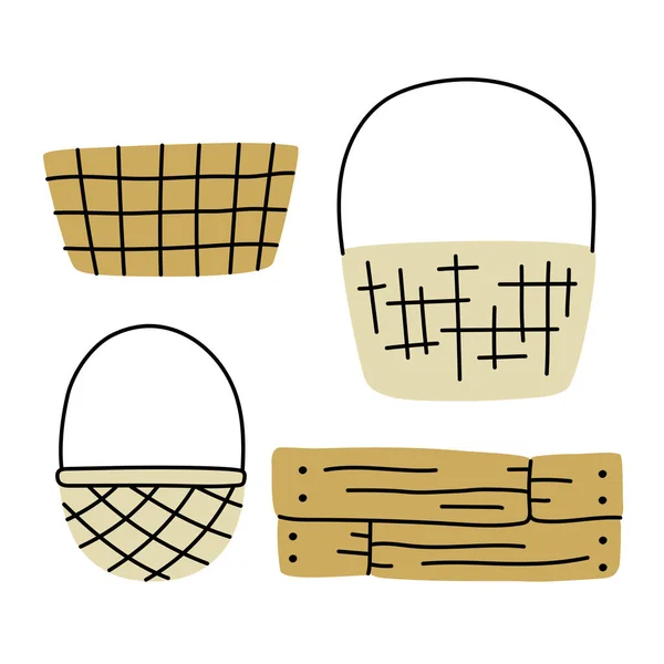 Empty Hand Drawn Baskets Set Wicker Picnic Baskets Simple Flat — Stock Vector
