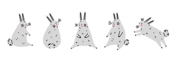 Gri Paskalya Tavşanı Seti Farklı Pozlarda Komik Çizgi Film Tavşanı — Stok Vektör