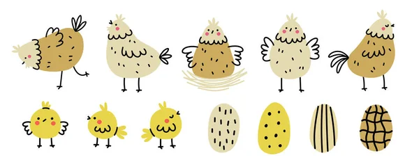 Милый Набор Курицы Ручной Работы Цыплята Цыплята Яйца Стиле Каракулей — стоковый вектор