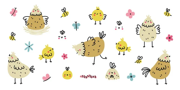 Χαριτωμένο Σετ Κοτόπουλου Κοτόπουλα Νεοσσοί Λουλούδια Μέλισσες Και Πεταλούδες Στυλ — Διανυσματικό Αρχείο