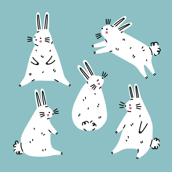 White Easter Bunny Set Funny Cartoon Rabbit Different Poses Flat — Stock Vector