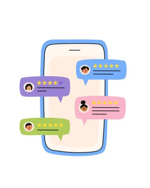 Müşteri değerlendirme konsepti. İnsanlar geri bildirim yapıyor. Müşteriler farklı yorumlar bırakıyorlar. Düz çizgi film vektör çizimi