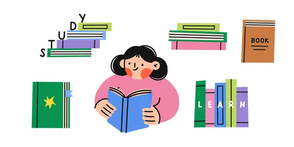 Montón Libros Estilo Plano Una Chica Leyendo Libro Ilustración Vectorial — Vector de stock