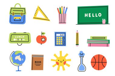 Okul setine dön. Okul malzemeleri koleksiyonu. Vektör düz resimleme