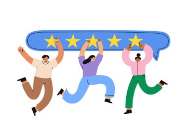 Consumer feedback. People give five stars feedback. Clients leaving positive review. Flat cartoon vector illustration clipart