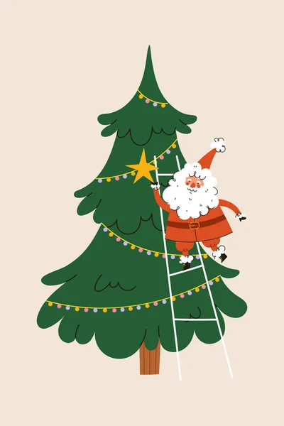Noel Baba karakteri. Noel ağacını süsleyen şirin Noel Baba. Vektör düz çizgi film illüstrasyonu
