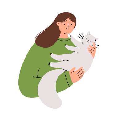 Kadının elinde sevimli bir kedi var. Hayvan sahibi. Düz vektör illüstrasyonu