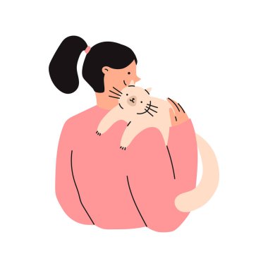 Kadının elinde sevimli bir kedi var. Hayvan sahibi. Düz vektör illüstrasyonu