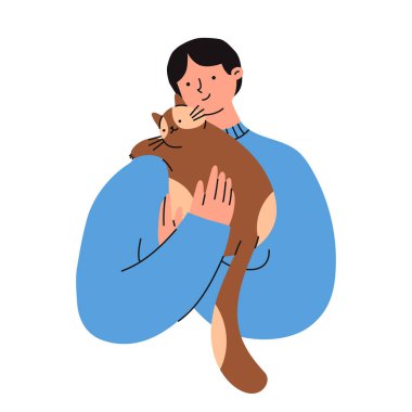 Adam elinde sevimli bir kedi tutuyor. Hayvan sahibi. Düz vektör illüstrasyonu