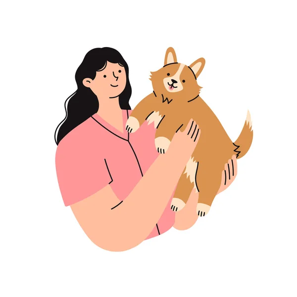 Женщина Держит Руках Милую Собаку Корги Владелец Домашнего Животного Плоская Стоковая Иллюстрация