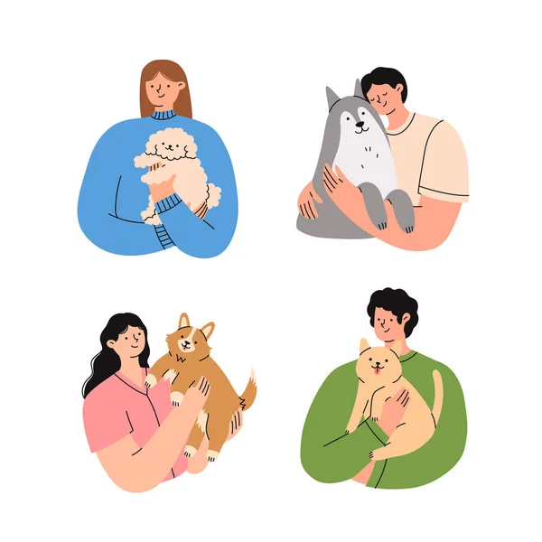 Владельцы Домашних Животных Готовы Люди Держат Руках Милых Собак Плоская Лицензионные Стоковые Иллюстрации