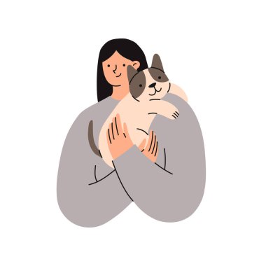 Kadının elinde sevimli bir Fransız Bulldog köpeği var. Hayvan sahibi. Düz vektör illüstrasyonu