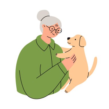 Evcil köpeğiyle yaşlı bir kadın. Mutlu evcil hayvan sahibi. Düz vektör çizimleri