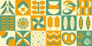 Soyut doğal geometrik bitki yaprakları, figürler, basit şekilli yiyecekler. İskandinav minimalizmi tarzında pankart. EPS10 vektörü