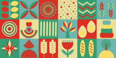 Soyut doğal geometrik bitki yaprakları, figürler, basit şekilli yiyecekler. İskandinav minimalizmi tarzında pankart. EPS10 vektörü