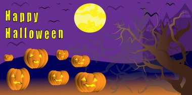 Cadılar Bayramı geceniz kutlu olsun. Mor korku arkaplanı parlayan balkabağı şatosu ağaç gölgesi 3D vektör ep10