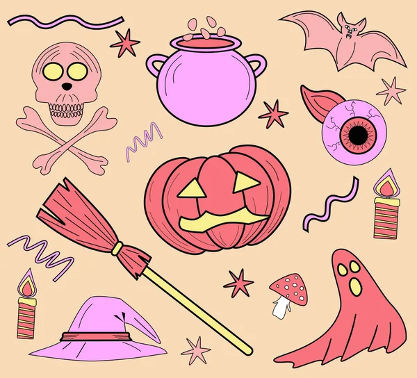 Joyeux Halloween Mignon Ensemble Rose Symboles Halloween Chapeau Citrouille Balai — Image vectorielle
