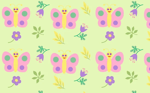 Seamless Cartoon Pattern Butterfly Flowers Green Background Vector — Stock Vector