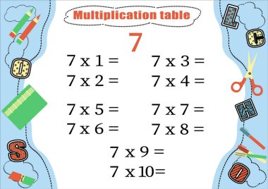 Çarpım tablosunu 7 ile çarp ve çarpma bilgisini pekiştir. Matematik öğretmek için renkli çizgi film çarpım tablosu vektörü. Okul kırtasiyesi. EPS10