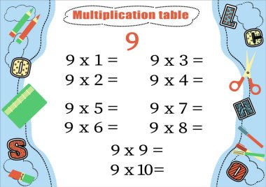 Çarpım tablosunu 9 ile çarp ve çarpma bilgisini pekiştir. Matematik öğretmek için renkli çizgi film çarpım tablosu vektörü. Okul kırtasiyesi. EPS10