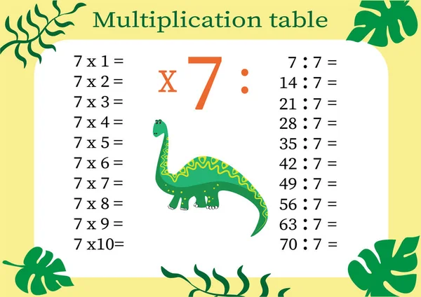 Çarpım tablosunu 7 ile çarp ve çarpma bilgisini pekiştir. Matematik öğretmek için renkli çizgi film çarpım tablosu vektörü. Çizgi film dinozorları. EPS10