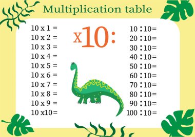 Çarpım tablosunu 10 ile çarp ve çarpma bilgisini pekiştir. Matematik öğretmek için renkli çizgi film çarpım tablosu vektörü. Çizgi film dinozorları. EPS10