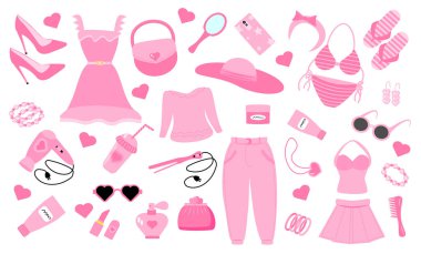Barbiecore göz kamaştırıcı bir moda belirledi. Pembe set, pembe bebek estetik aksesuarlar ve elbiseler..
