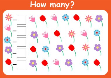 Kaç tane çiçek var? Çocuklar için oyun saymak. Anaokulu öğrencileri için matematik ödevi.