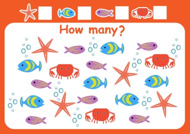 Kaç tane deniz hayvanı var? Çocuklar için oyun saymak. Anaokulu öğrencileri için matematik ödevi.