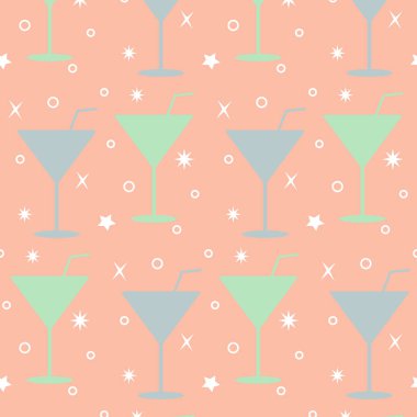 Farklı renklerde martini bardaklarıyla desen. Alkollü içeceklerle dekore edilmiş. Vektör.