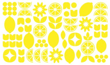 Limon meyve ikonlarının soyut görüntüsü. Turunçgil meyvelerinin siluetinin geometrik çizimi, yapraklar. Minimalist düz vektör arkaplanı.