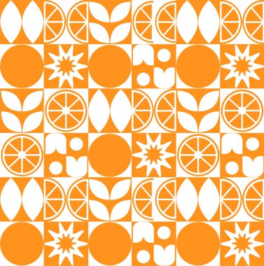Soyut geometrik meyve portakalı, çizgi deseni. Turunçgil meyveleri ve yaprakların silueti. Minimalist düz vektör arkaplanı.