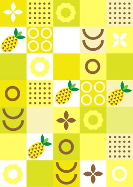 Modern geometrik arka plan. Soyut doğa: çiçekler, yapraklar ve meyveler, meyveler. Düz geometrik minimalist tarzda simgeler. Bauhaus, botanik. Kusursuz desen. Vektör illüstrasyonu.