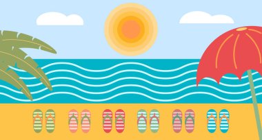 Yaz. Bir dizi vektör yaz geçmişi. Meyve plajı şemsiyesi, parmak arası terlik ve kokteyl. Soyut vektör arkaplanı, posterler, kapaklar, el ilanları, afişler için desenler.