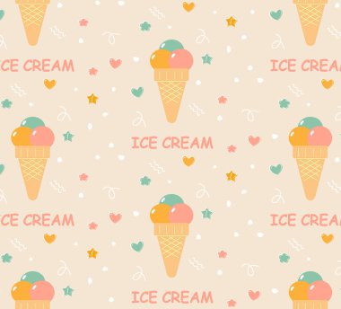 Dondurma izi yok. Lezzetli, tatlı sokak yemekleri. Doldurulmuş waffle, bardakta dondurma kepçeleri, külahta dondurma. Arkaplan, afiş, kart, poster için şablon. Vektör.
