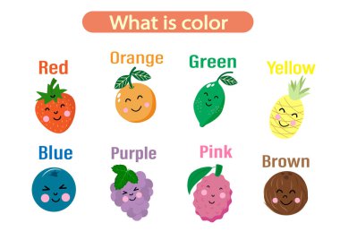 Anaokulu öğrencileri için ilk renkleri öğreniyorum. Meyve seti. Kırmızı, yeşil, turuncu, mavi, sarı renkli kart.