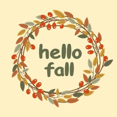 Sonbahar merhaba. Sonbahar sloganı. Şirin tasarım elemanlarıyla sonbahar cümlesi.