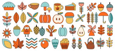 Basit bir sonbahar örtüsü. Sonbahar çıkartmaları geometrik parlak. Sonbahar sezonunun samimi öğeleri izole edildi