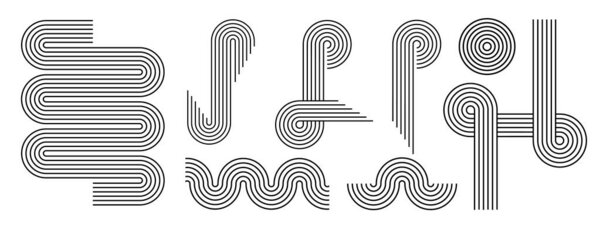 Linear abstract geometric elements, circle, arch, wave, retro mid-century shapes icon set in boho zen style. Bauhaus pattern design memphis swiss. Editable stroke vector.