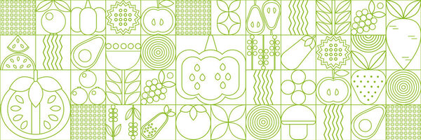 Bauhaus vegetable abstract. Geometric line drawing. Vegetables and fruits seamless pattern bauhaus. Natural flower plant with simple shape, abstract eco farming concept. Vector minimal banner